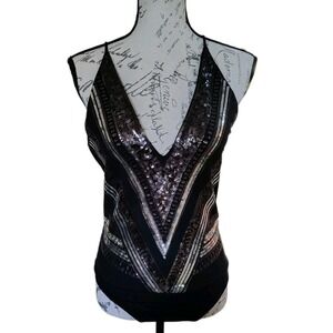 Express Womens Sequin Cami Tank Top Bodysuit‎ M Deep V Neck Party Retro Disco